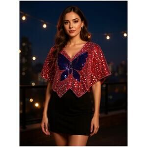 Vintage 70s Women’s Sz S NWT Red Silver Sequin Butterfly Top Deadstock